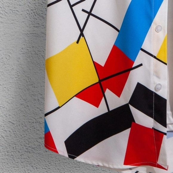 White Vacation Style Men's Geo Print Shirt - Picture 3 of 3